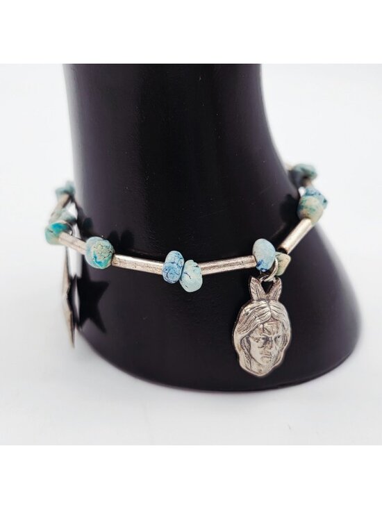 Unbranded Jewelry - Native American Style Silver Tone Charm Bracelet Turquoise Beads Star Bird Face